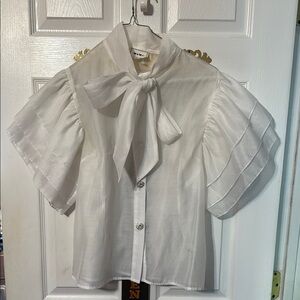 Wo Wo ladies blouse with rhinestone buttons; bow tie and layered short sleeves